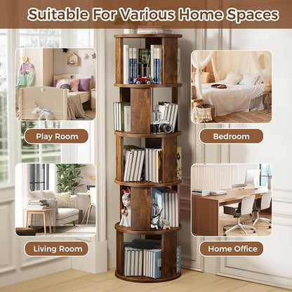5 Tier Rotating Bookshelf Tower, 360° Display Round Bookcase, Floor Standing - Image 8