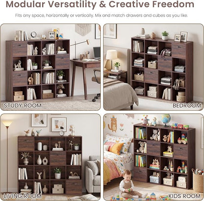 Walnut 16 Cube Storage Organizer, Wooden Bookcase - Image 4