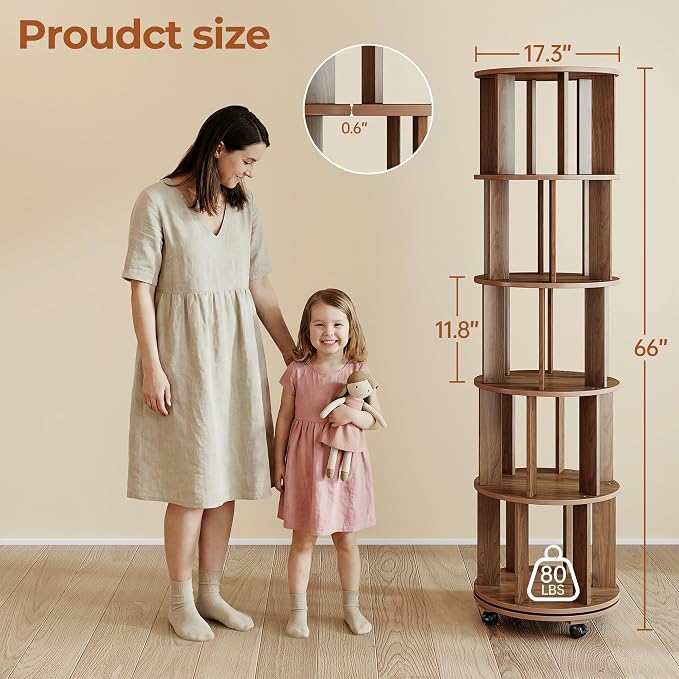 5-Tier Rotating Bookshelf on Wheels, 360° Spinning Bookshelf Tower, Round - Image 2