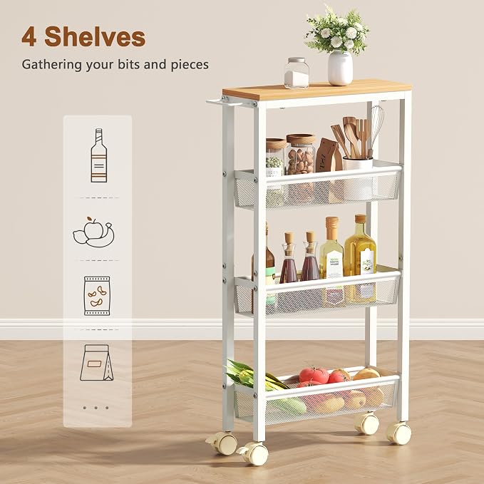 Hoctieon Slim Rolling Storage Cart, 4-Tier Narrow Kitchen Storage Cart - Image 3