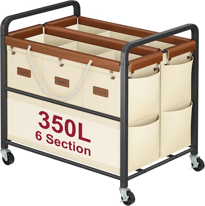 Tajsoon 350L Extra Large Laundry Hamper 6 Section, Heavy Duty Laundry Cart by Tajsoon