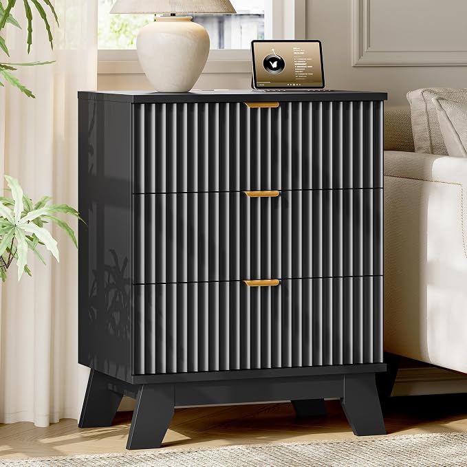 Fluted Nightstand with Charging Station, Modern Wood Side Table Night Stand - Image 3