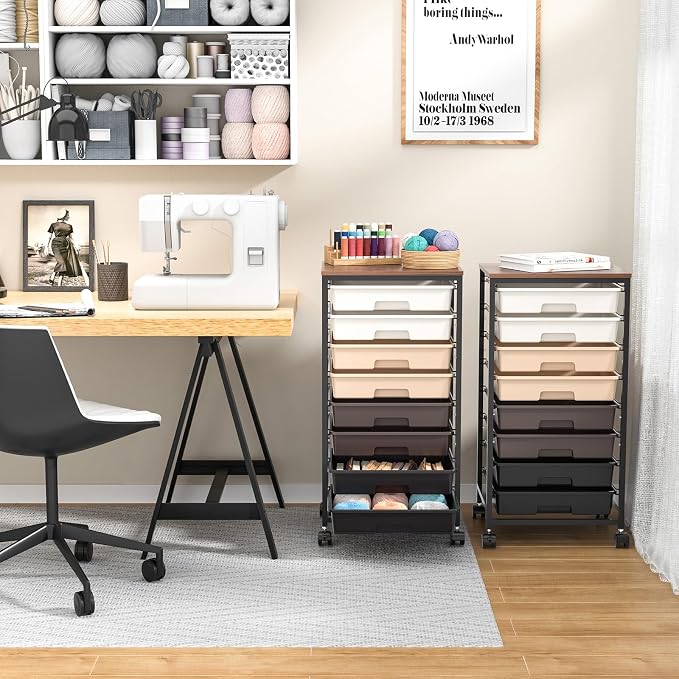 Rolling Storage Cart with Drawers, Rolling Drawer Cart and Wooden Tabletop - Image 9