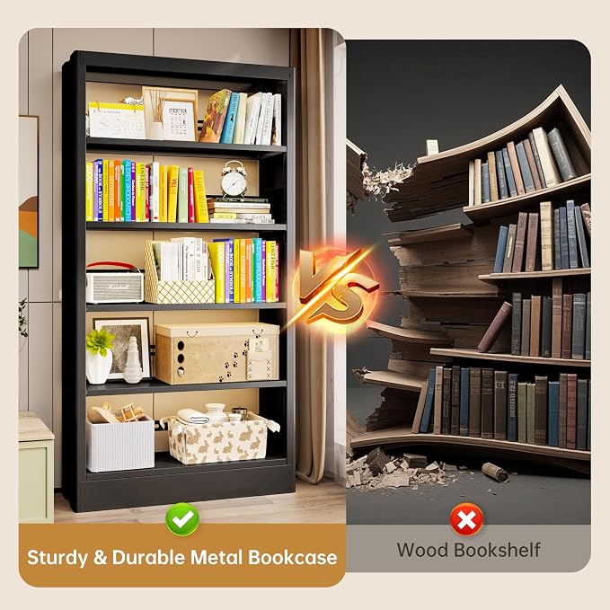 5-Tier Bookcase with Adjustable Storage Shelves, Metal Bookshelf with Book - Image 4
