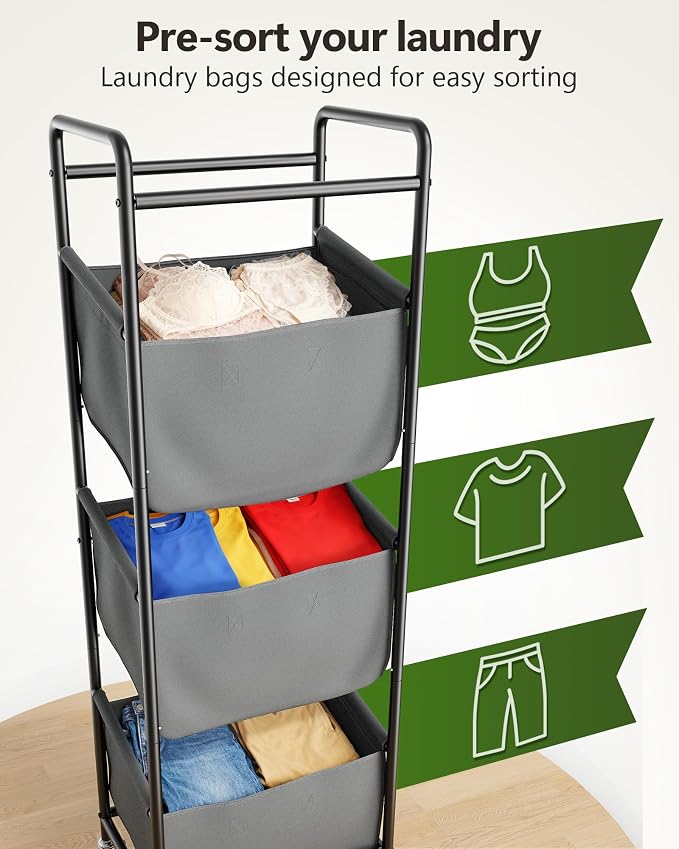 3 Section Laundry Sorter with Removable Bags, 120L Rolling Vertical Laundry - Image 2