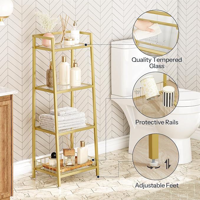 HOOBRO Gold Glass Shelf Stand, 4 Tier Standing Shelf Unit, Bathroom Organizer - Image 4