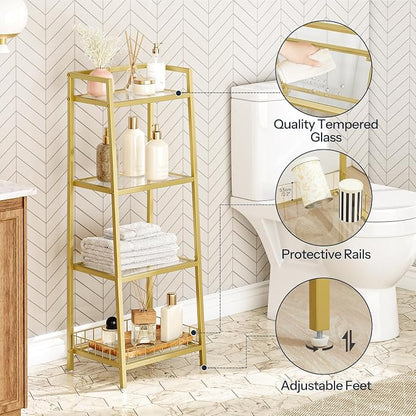 HOOBRO Gold Glass Shelf Stand, 4 Tier Standing Shelf Unit, Bathroom Organizer - Image 4