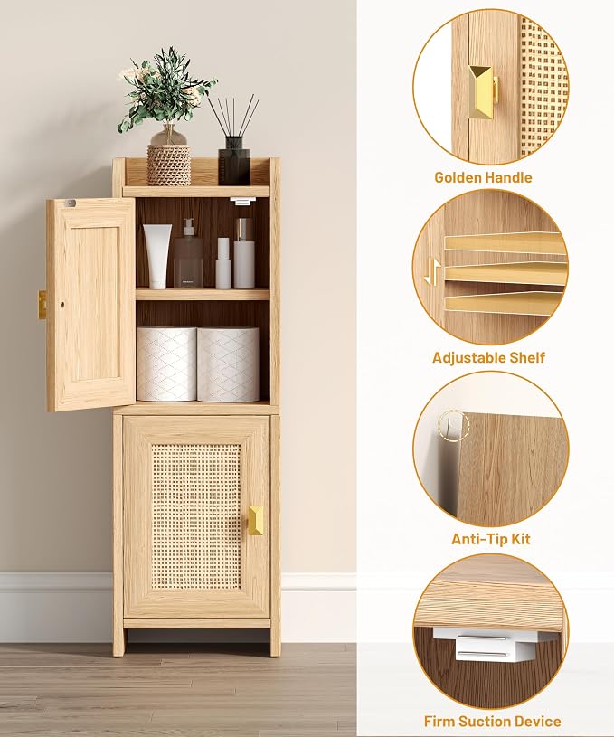 Akxomel Rattan Small Bathroom Cabinet Narrow Toilet Paper Organizer Oak | - Image 7