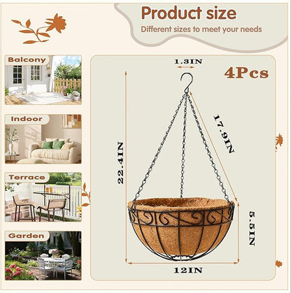12 inch Metal Hanging Baskets For Plants Outdoor 4 Pack Round Metal Wire - Image 5