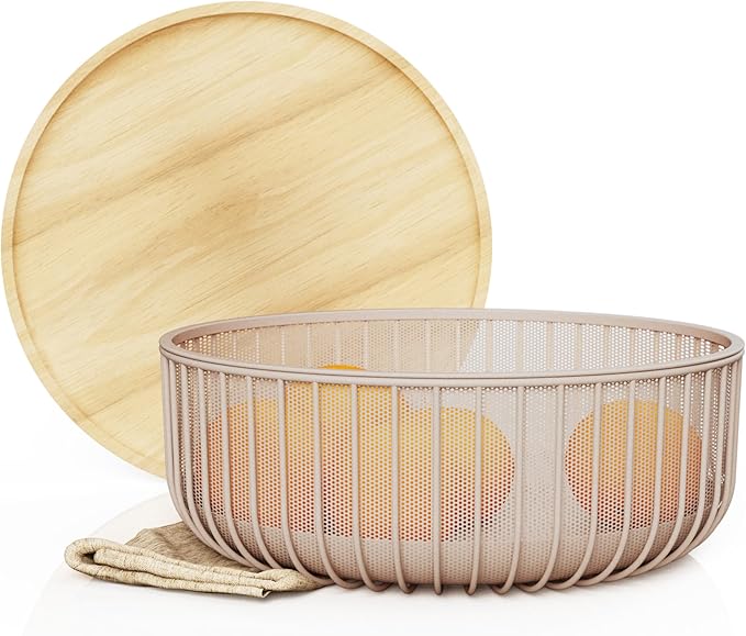 Metal Fruit Bowl Basket with Wooden Lid by Libken