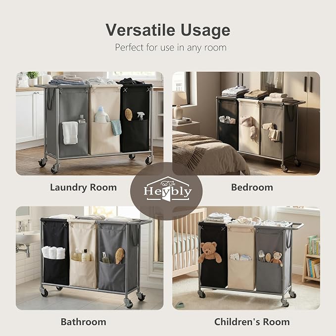 Heybly 3-Section Laundry Sorter Hamper, Rolling Laundry Hamper - Image 9