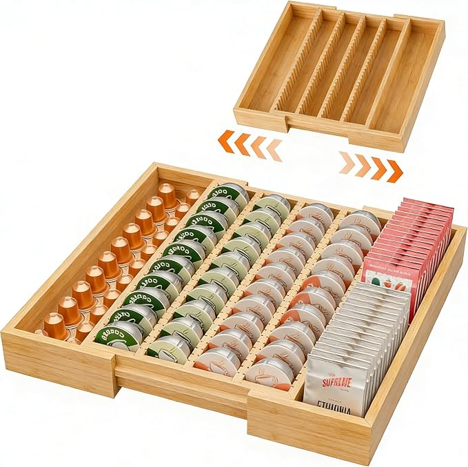 Simple Trending Bamboo Coffee Pod Holder Drawer, Expandable K Cup Pod Storage by SimpleTrending