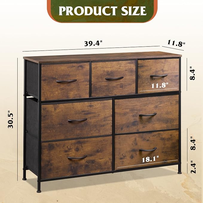 WLIVE Dresser for Bedroom, 7 Drawers, TV Stand, Rustic Brown Wood Grain | 7 - Image 3