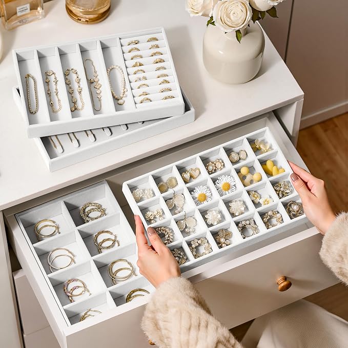 Velvet Jewelry Drawer Organizer Trays – Large White Stackable Jewelry Storage - Image 7