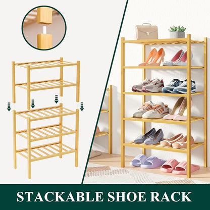Smiry Bamboo Shoe Rack for Closet, 3 Tier Long Wooden Stackable Shoe Organizer - Image 4