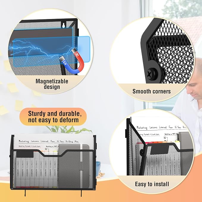 Docnest 6 Pack Dual-Mount Magnetic Mesh File Holders, Wall Organizer | Mount - Image 3