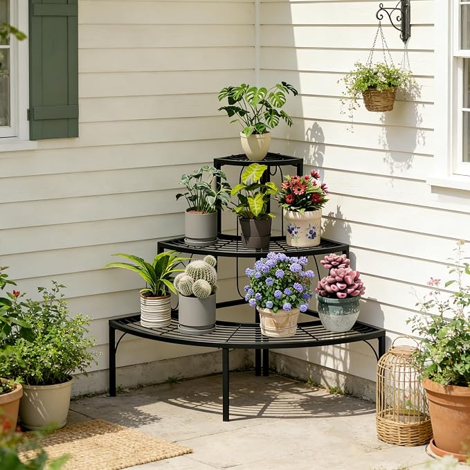 Plant Pot Stand Shelf, 3 Tier Flower Quarter Display Rack, Metal Succulent - Image 2
