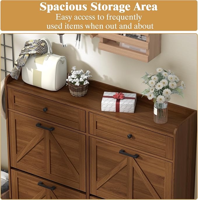 Thacuok Shoe Cabinet with 4 Flip Drawers & 2 Storage Drawers, Rustic Farmhouse - Image 4