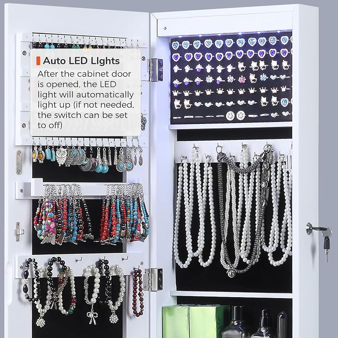 GISSAR Full Length Mirror Jewelry Cabinet, 6 LEDs Jewelry Armoire Wall Mounted - Image 7