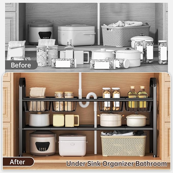 2 Tier Under Sink Organizer Expandable Length/Height Adjustable, Heavy Duty - Image 7