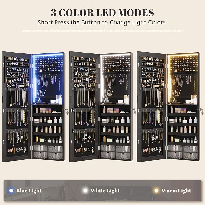 Vlsrka 47.2" LED Jewelry Armoire Organizer, Wall/Door Mounted - Image 3