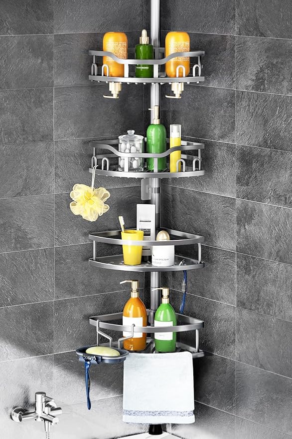 HAMITOR Corner Shower Caddy Tension Pole: Rustproof 4-Tier Bathroom Organizer by HAMITOR