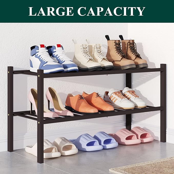Smiry Bamboo Shoe Rack for Closet, 2 Tier Wooden Stackable Shoe Organizer - Image 5