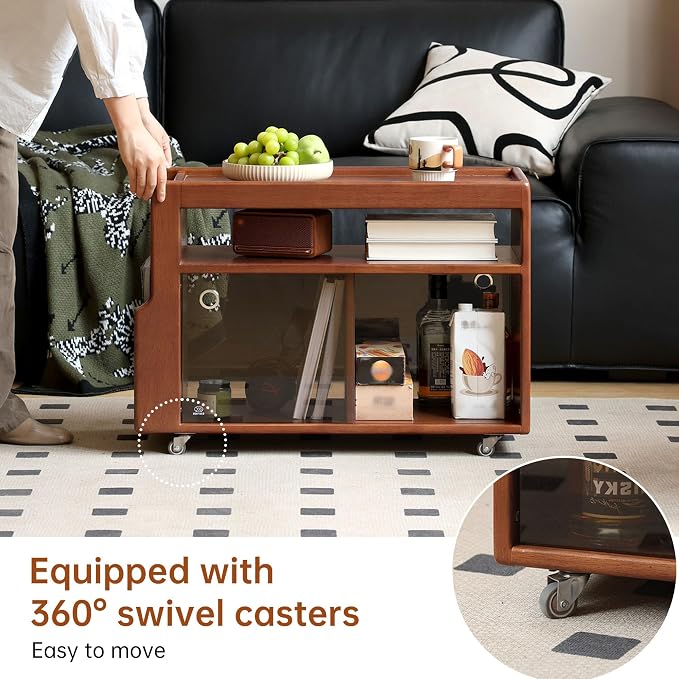 Side Table with Storage, Solid Wood Rolling End Table - Image 5