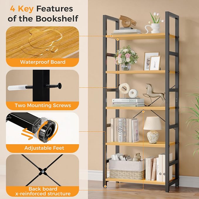 DUMOS 5-Tier Bookshelf, Modern Tall Bookcase Book Shelf | Open Storage Display - Image 8