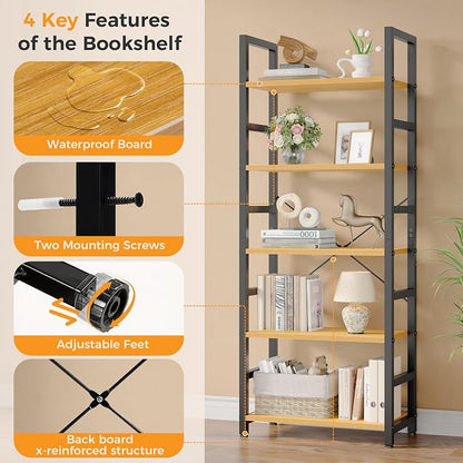 DUMOS 5-Tier Bookshelf, Modern Tall Bookcase Book Shelf | Open Storage Display - Image 8