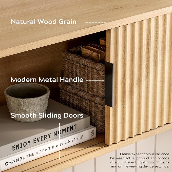 Fluted Wall Cabinet with Sliding Doors, Modern Large Floating Nightstand - Image 3