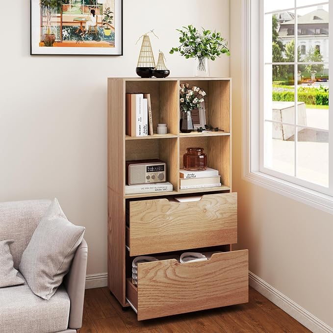 Giantex Bookshelf with 4 Cubes & 2 Drawers, 51” Tall Floor Bookcase with - Image 2