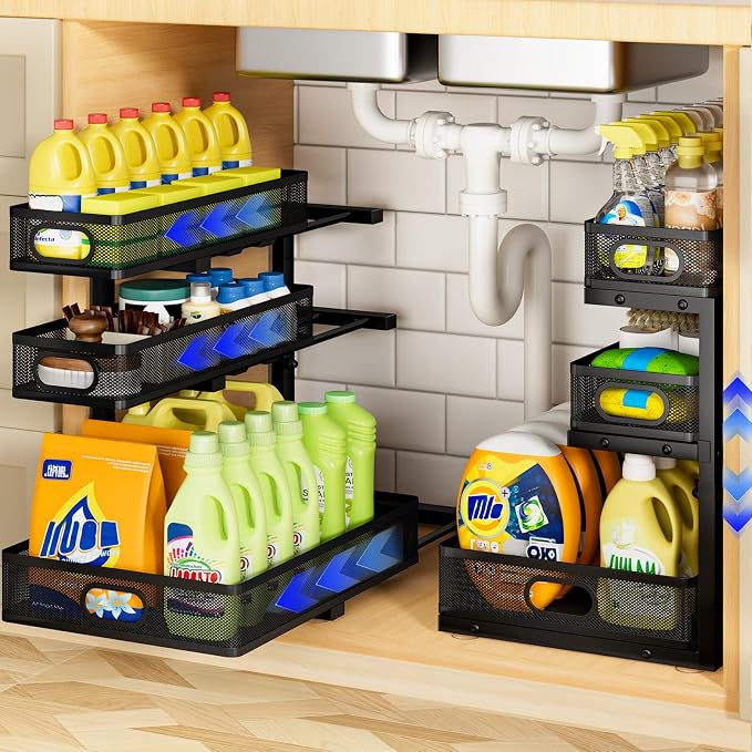 Under Sink Organizer 3 Tier, 2 Pack L-Shaped Pull-Out Cabinet Organizer by AURIKAR
