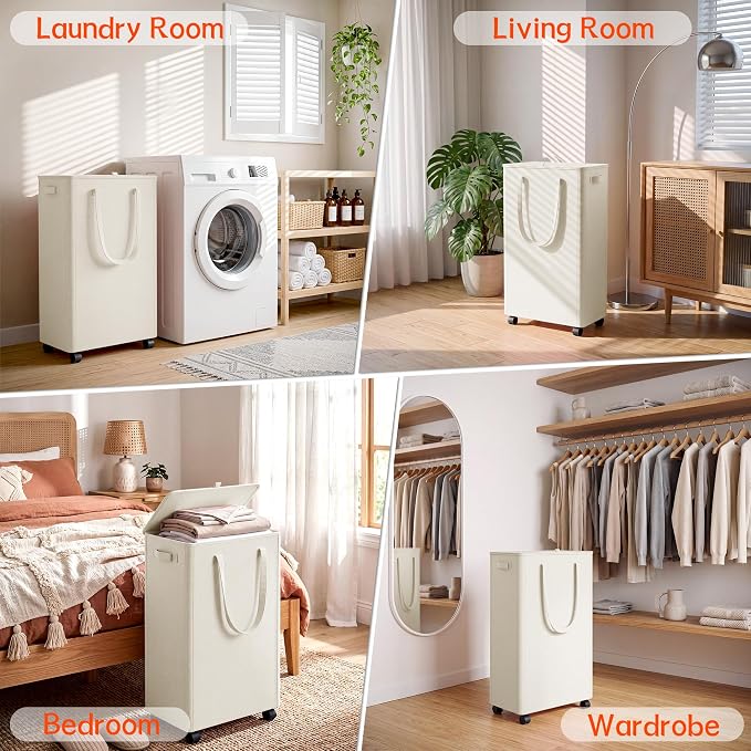 Slim Laundry Hamper with Wheels, 15 Gal Rolling Laundry Basket with lid and - Image 7
