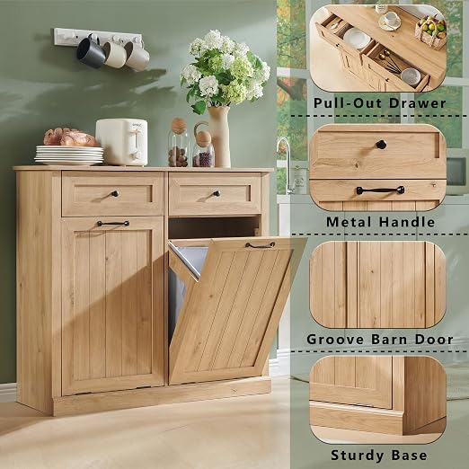 Double Tilt Out Trash Cabinet, 20 Gallon Farmhouse Laundry Hamper Cabinet - Image 3