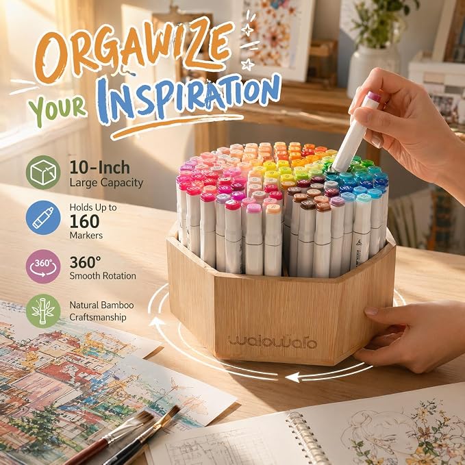 walowalo Bamboo Rotating Art Supply Organizer Caddy Holds 800+ Pencils Spinning - Image 6
