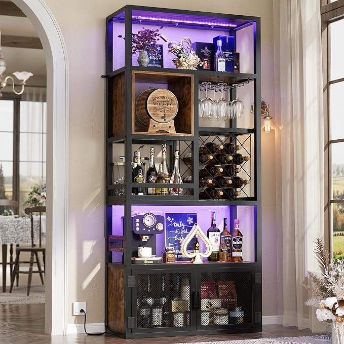 82.6" Tall Bar Cabinet with Power Outlets, 6-Tiers Reversible Wine Cabinet with - Image 2
