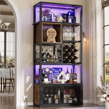 82.6" Tall Bar Cabinet with Power Outlets, 6-Tiers Reversible Wine Cabinet with - Image 2