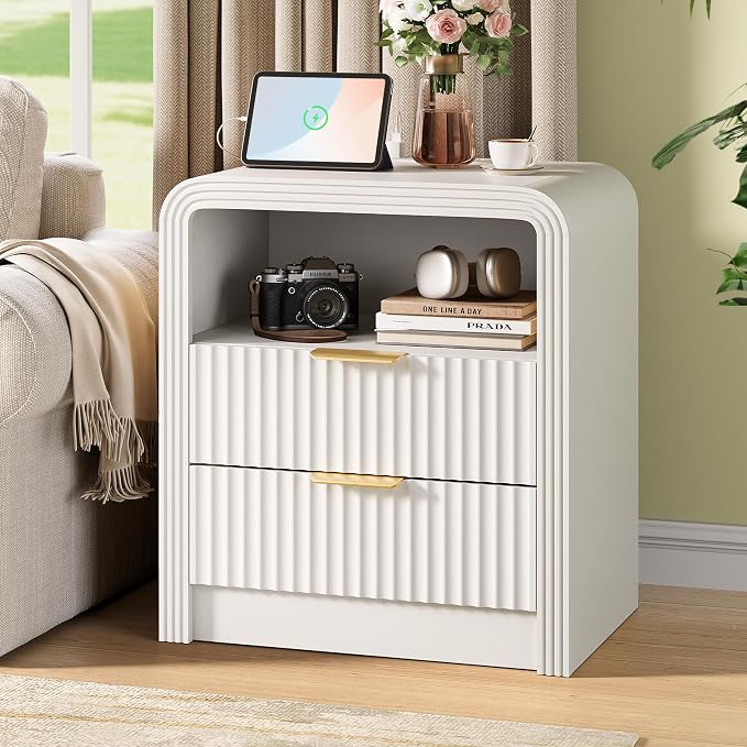 Fluted Nightstand with Charging Station, 19.7'' Wide Morden End Table with - Image 8