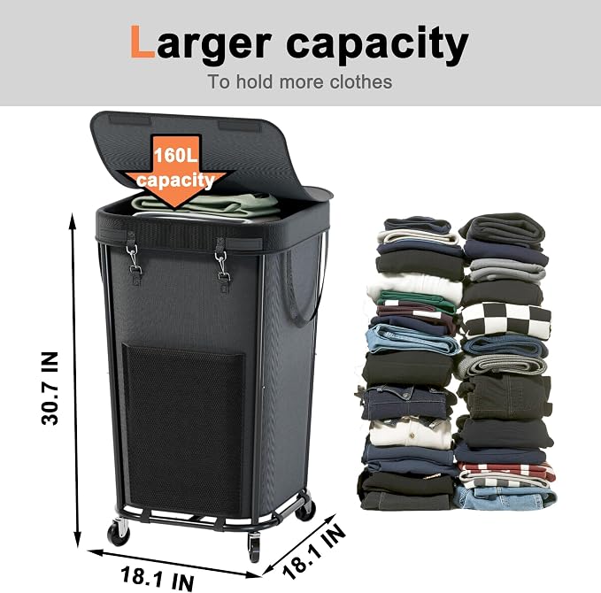 Laundry Basket with Lid and Wheels Rolling Laundry Basket, Removable Laundry - Image 2