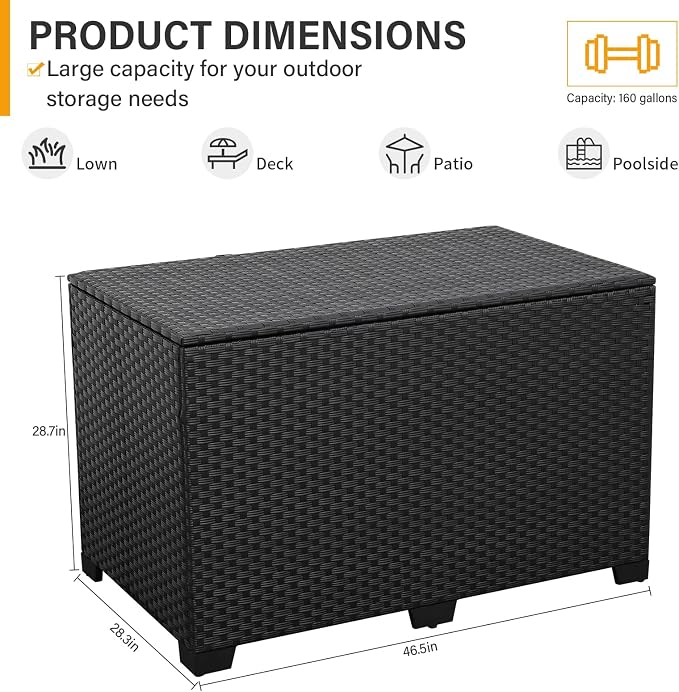 Valita Outdoor Wicker Storage Box, Big Size, Resin Black Rattan Deck Bin - Image 3