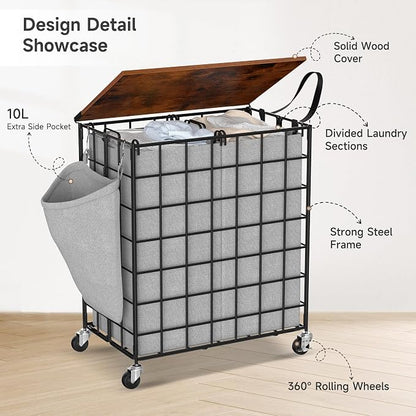 Laundry Basket with Wheels, Heavy Duty Laundry Sorter 2 Sections, 120L Large - Image 5