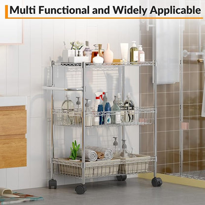 Chrome 3 Tier Rolling Storage Cart, Metal Wire Kitchen Cart - Image 5
