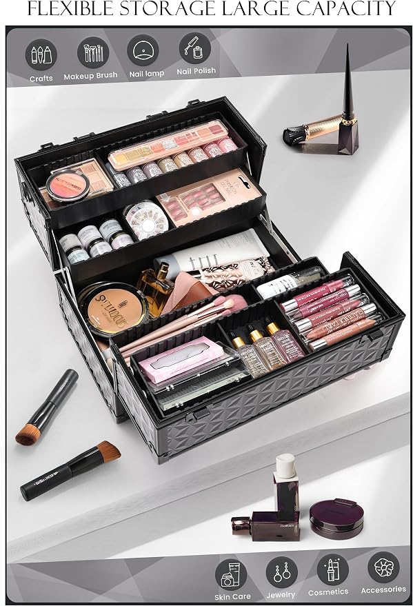 Joligrace Makeup Train Case Professional Cosmetic Organizer Aluminum Storage Box - Image 2