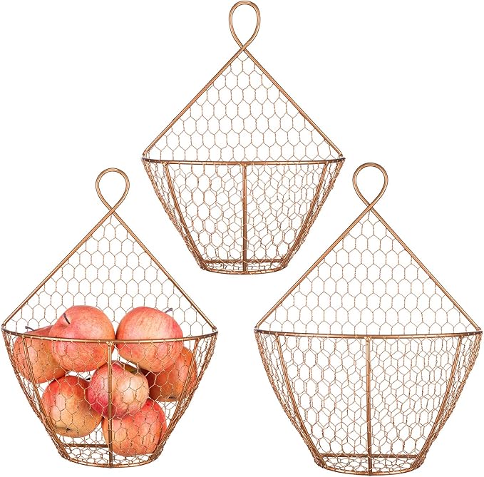 MyGift Set of 3, Farmhouse Copper Metal Wire Mesh Wall Hanging Baskets - Image 6