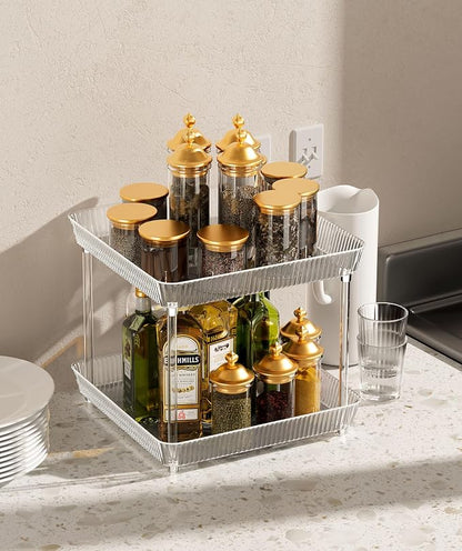 2 Tier Lazy Susan Bathroom Countertop Organizer, 360° Clear Rotating Square - Image 2