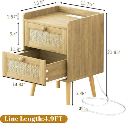 Rattan Nightstand with Charging Station Set of 2, Mid Century Modern Bedside - Image 3
