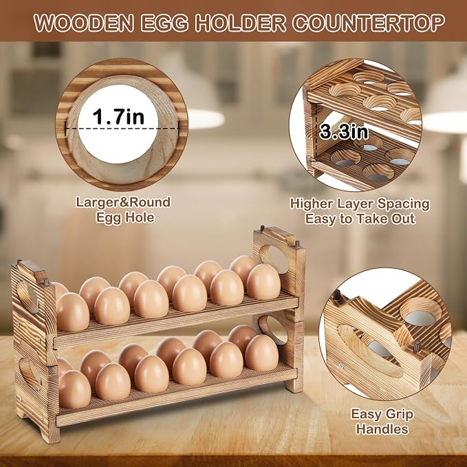 Wooden Egg Holder with 4 Layers/48-Hole, Stackable Wood Egg Rack Countertop - Image 5
