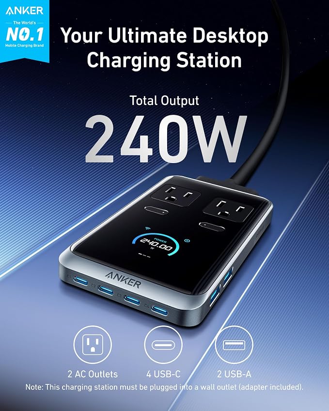 Anker Prime Charging Station, 240W 8-in-1 Power Strip, 2 AC, 4 USB C | 2USB A - Image 2