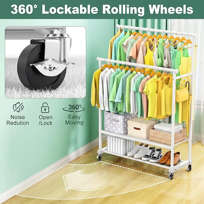 Double Rods Clothes Rack for Hanging Clothes, Heavy Duty Rolling Clothing Rack - Image 6